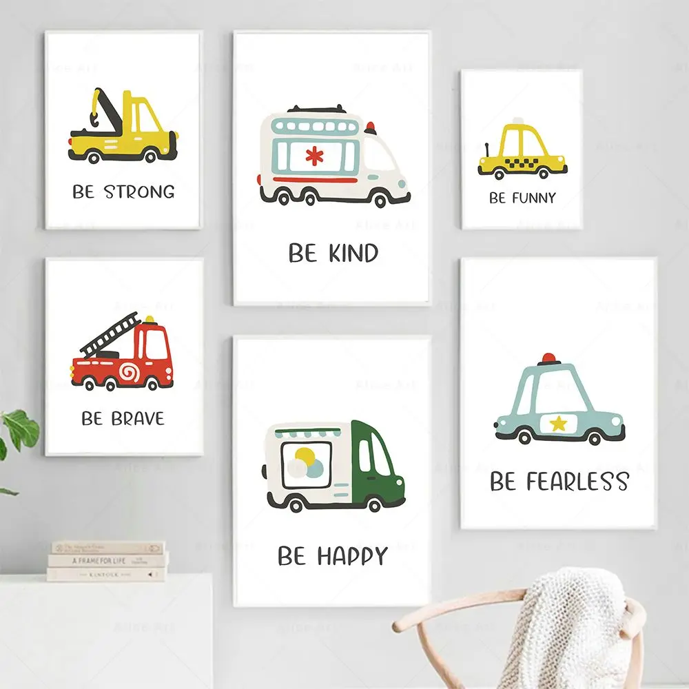 

Boy Nursery Transport Print Be Happy Be Kind Be Strong Inspire Quote Poster Wall Art Canvas Painting Pictures Kids Room Decor