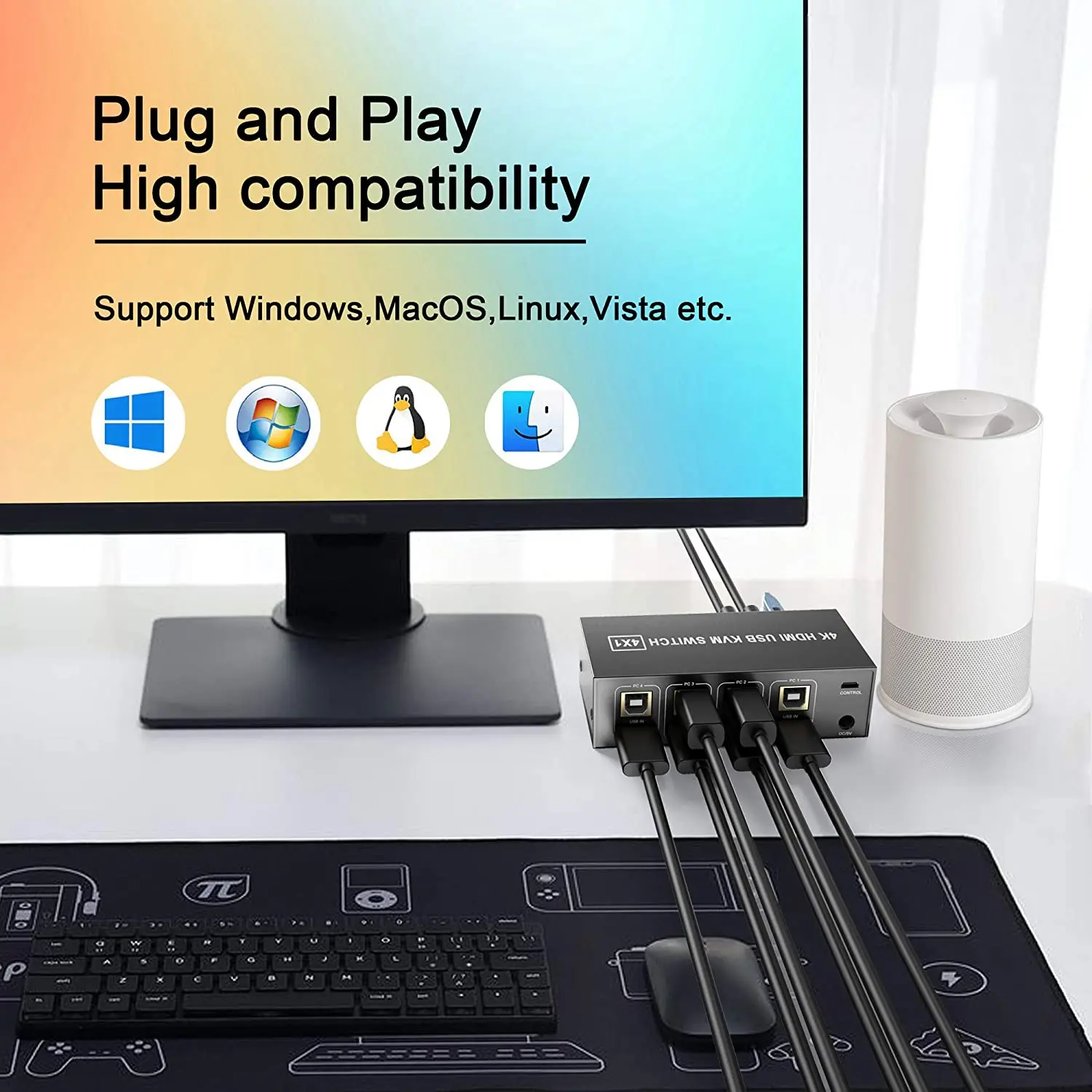 4-Port HDMI KVM Switch with Desktop Controller for Seamless Peripheral Sharing