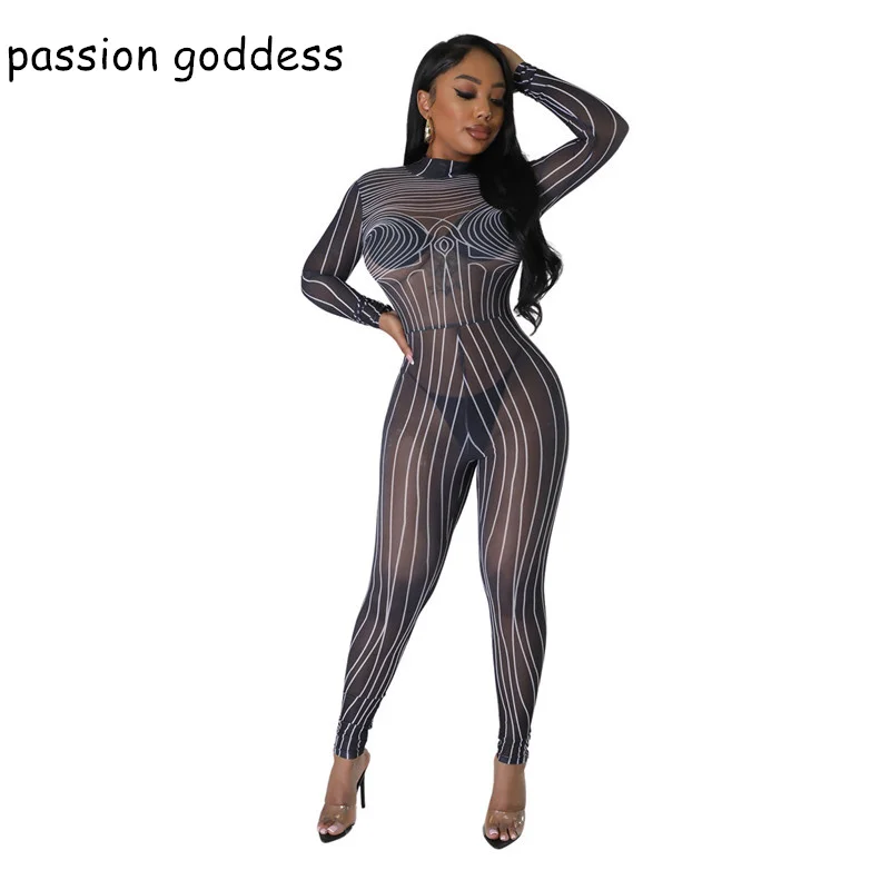 

Summer 2023 Long Sleeve See Through Mesh Women Skinny Sexy Jumpsuit Ripple Print Turtleneck Sheer One Piece Outfit Party Rompers