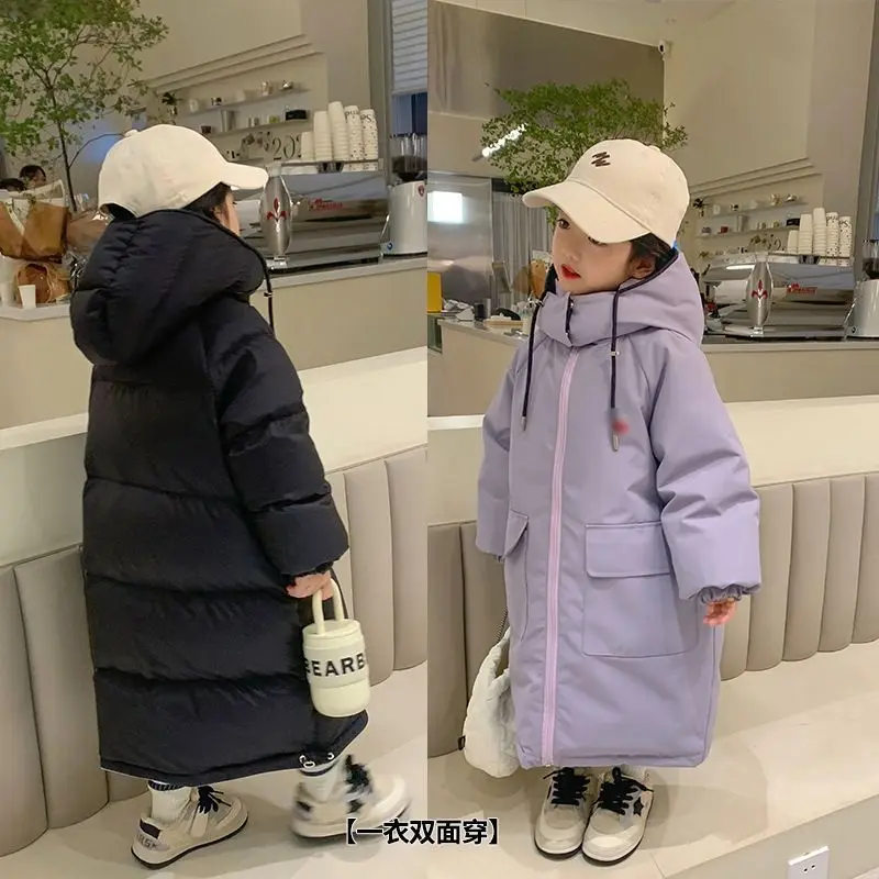 

2023 Winter Baby Girs' Girls' Down Cotton Clothes Hooded Coat Double Wear Plush Thickened Warm Korean Mid-length 4-12 Years Old