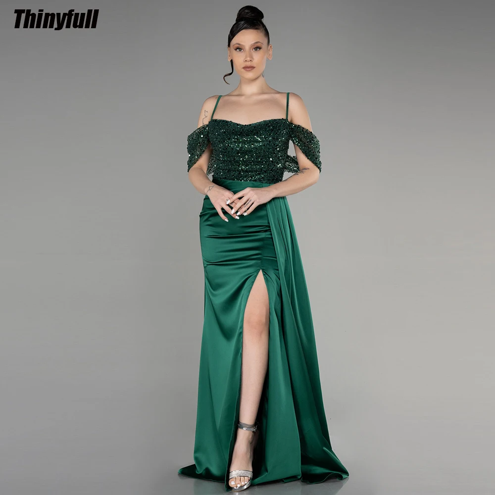 

Thinyfull Mermaid Off Shoulder Prom Dresses Sleeveless Evening Party Gown Satin Split Sequined Formal Occasion Dress 2024