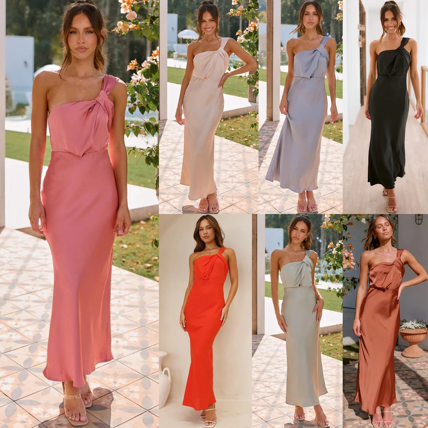 Women Elegant One Shoulder Strapless Sleeveless Stain Dress Spring Summer Lady Evening Party Mid-Calf Dresses