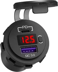 Dual USB C Car Charger with LED Voltmeter & On/Off Switch - 12V/24V, PD3.0 & QC3.0 Ports (B)