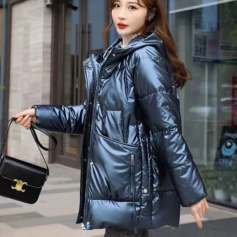 Bright Face Wash Free Down Cotton Jacket Women 2022 Winter Medium length Style Hooded Fashion High-End Padded Coats Female