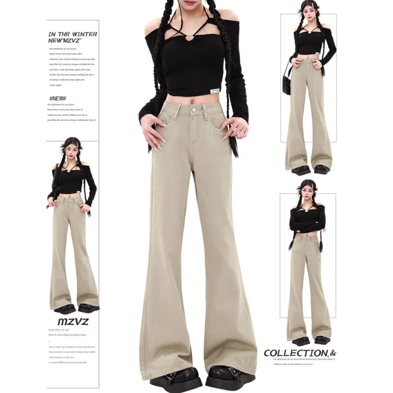 

Khaki Women Jeans High Waist Straight Baggy Denim Pants Solid Europe and America Fashion Y2K Female Wide Leg Denim Trouser