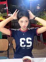 Retro American oulder Patchwork ort Sve T-irt Women's Slimming Summer Hot Girl Top Cotton Polyester Spandex round Ne...