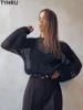 TYHRU Women's Knitted Sweaters Lady Hollow out Mesh Thin Pullover See Through Look Lantern Sleeve Loose Tops Smock 3