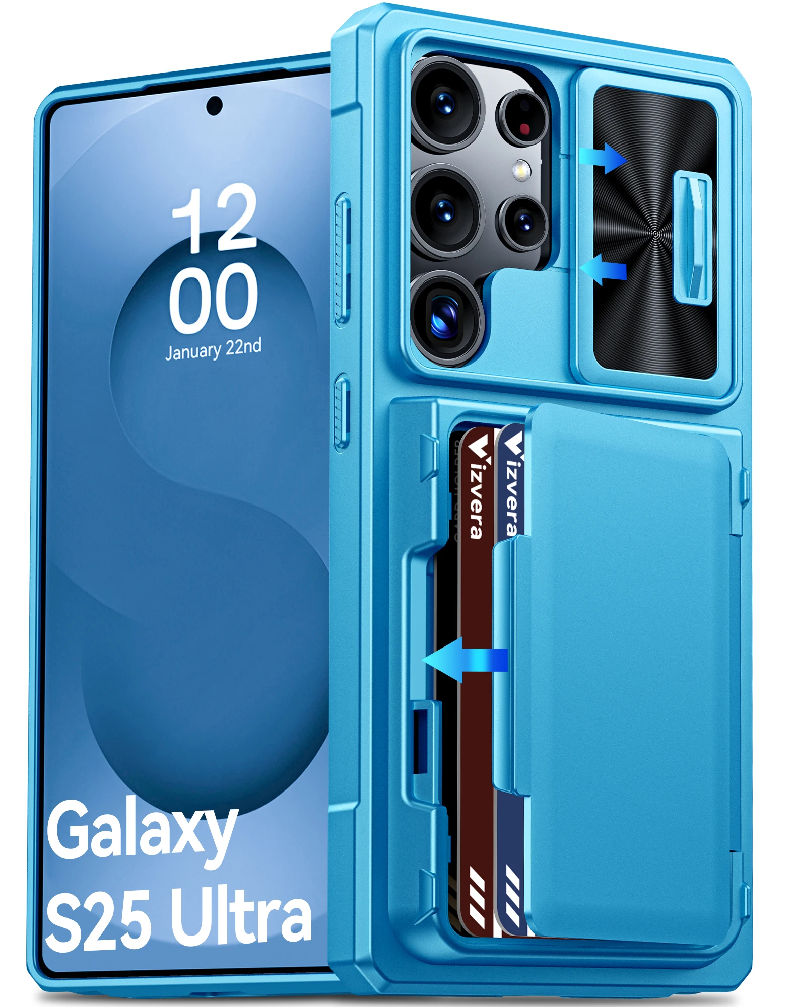 Rugged Blue Silicone Protective Phone Case with Wallet and RFID Card Holder & Camera Cover