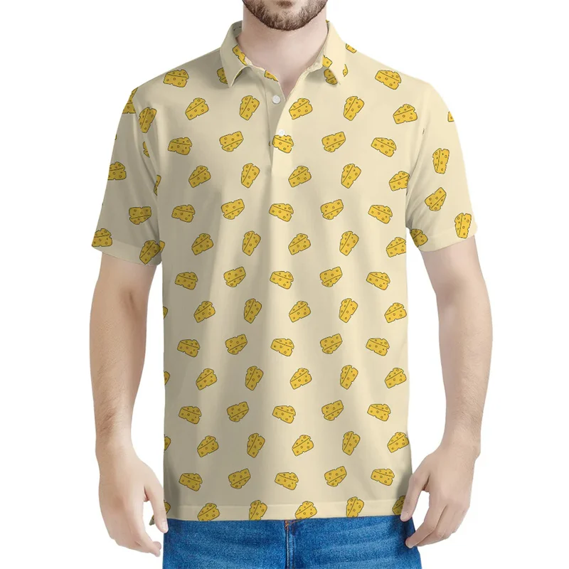 Cartoon Cheese Polo per uomo Summer Street allentato a maniche corte Tees 3d Printed Food Button risvolto T Shirt Casual top - immagine 5
