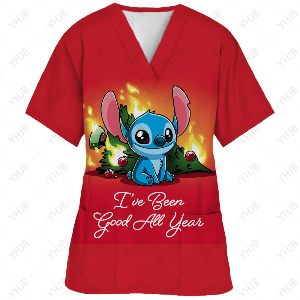 thumbnail image 1 of Blusa de uniforme de trabajo con cuello en V y cordón de manga corta con estampado de dibujos animados de Disney Stitch para mujer, 1 of 5