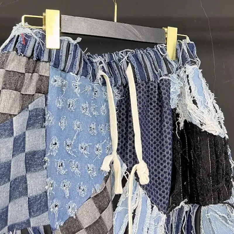 PFHQ Denim Patchwork Shorts Summer Men's Elastic Waist Vintage Washed Fabric Worn Out Wearproof Drawstring Male Original 21Z5028