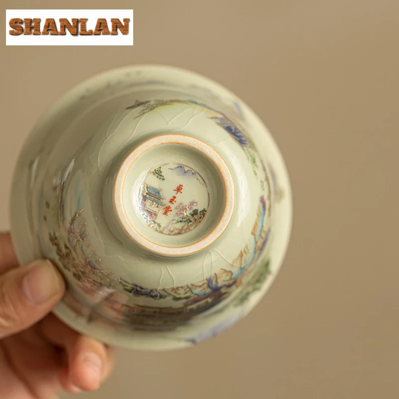 Retro Ru Kiln Sancai Cover Bowl Gold Painting Landscape Teapot Tea Maker Kettle Tea Cup Dahongpao Ceremony Accessories Craft