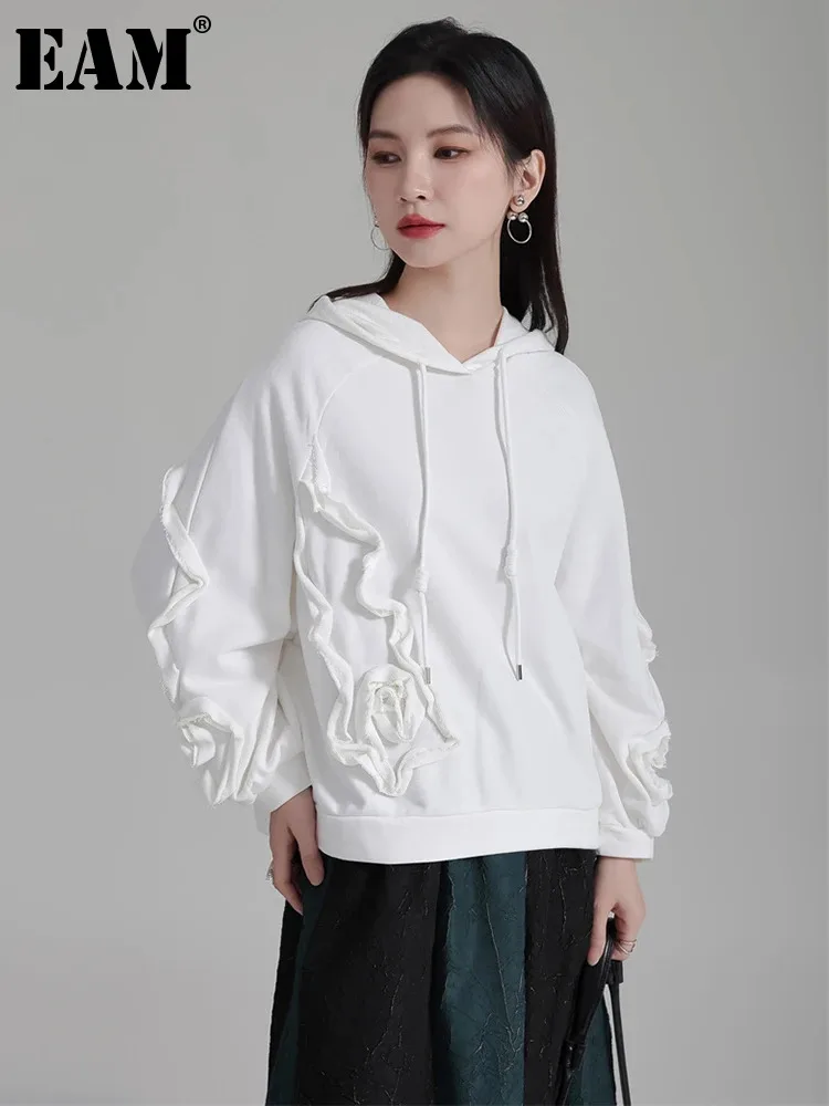 

[EAM] White Irregular Flower Loose Fit Sweatshirt New Hooded Long Sleeve Women Big Size Fashion Tide Spring Autumn 2024 1DH3566