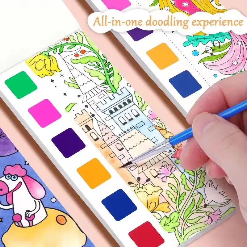 Magic Watercolor Coloring Book for Kids 12 Sheets Graffiti Painting Notebook with Paint Brush Water-Activated Gouache Drawing 3