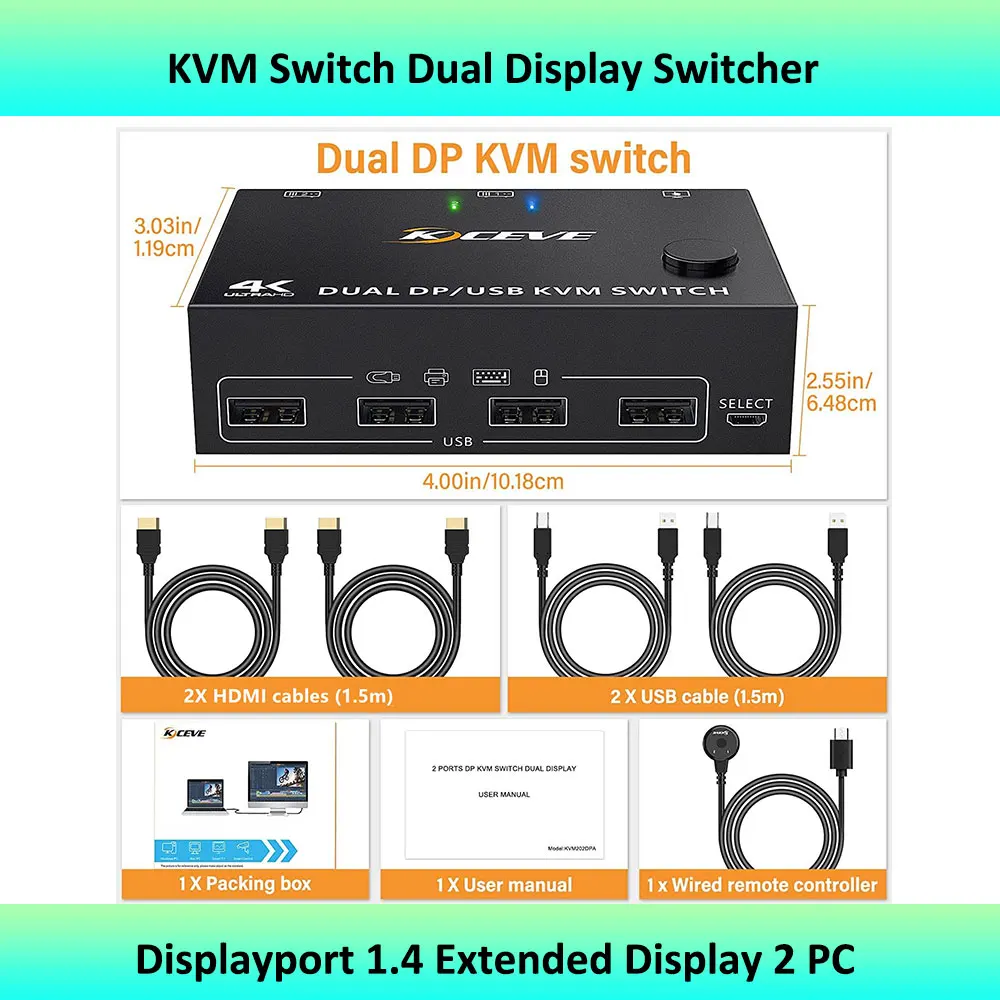 

HDMI DP Dual Monitor KVM Switch 4K@60Hz,2K@120Hz, Extended Display Switcher for 2 Computers Share 2 Monitors and 4 USB 3.0 Ports