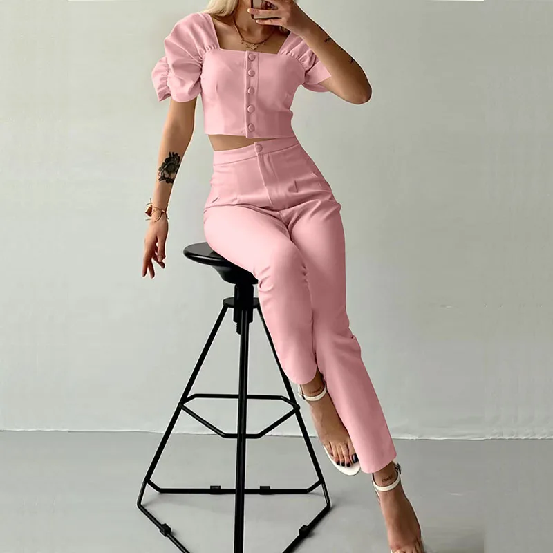 

Office Elegant Commuter Outfits Women Casual Stacked Short Sleeve Slim 2Pc Suit Fashion Square Neck Button Top & Long Pant Sets