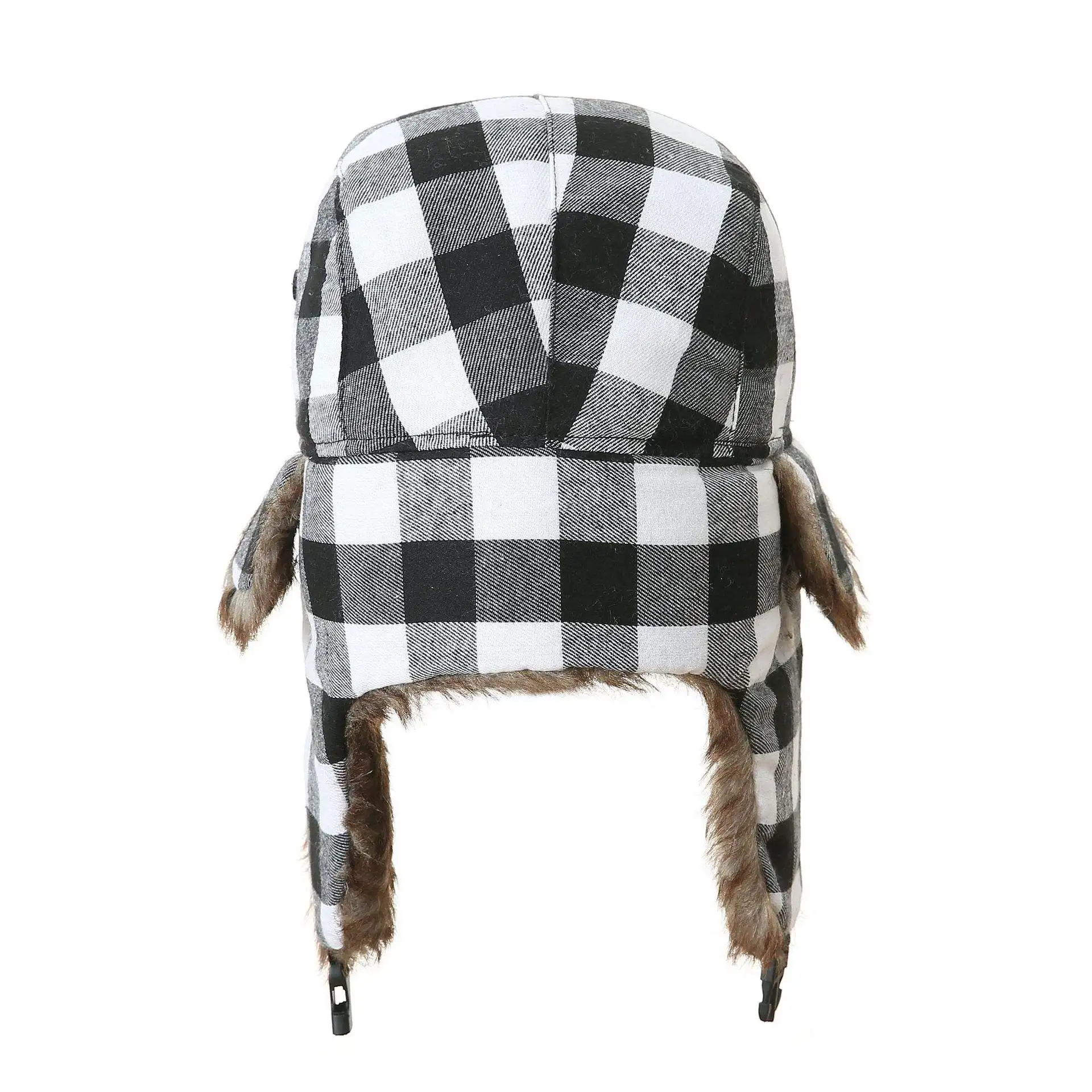 Winter Plaid Aviator Trapper Hat Fleeced Fur Faux Trooper Ear Flap Bomber Skiing Cap
