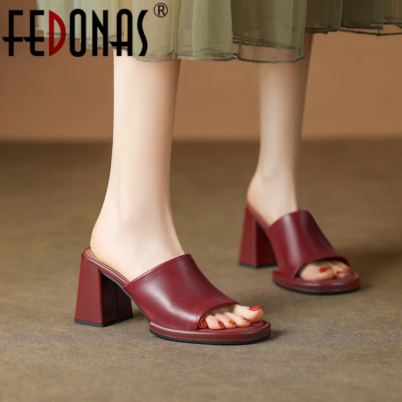 

FEDONAS Fashion Chunk Women Slippers Thick High Heels Genuine Leather Pumps Concise Party Office Lady Shoes Woman Sandals Summer