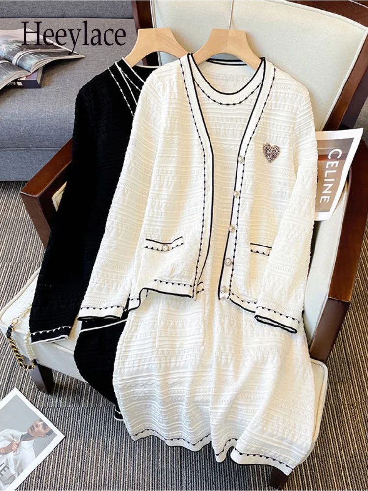 

Fall Winter Knit Sets For Womens Long Sleeve Knitted Pockets Cardigan Sweater And French Vintage Fragrance Dress Two Pieces Set