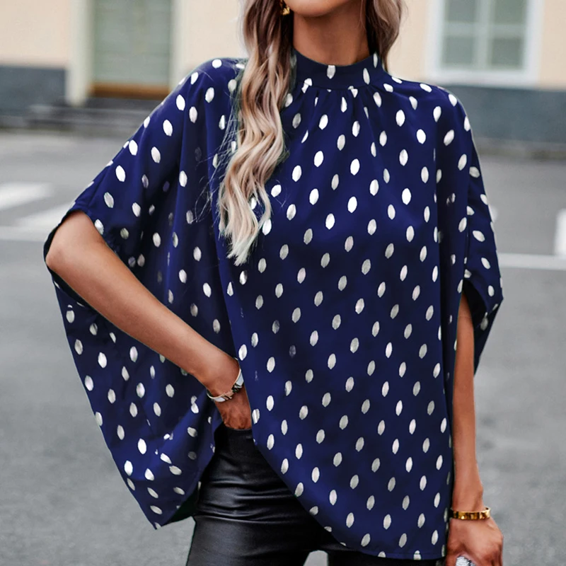 

Autumn Office Lady Tops Loose Fashion Women Clothes 2023 Stand Collar Long Sleeve Shirt New Polka Dot Print Blouse Blusas 27973
