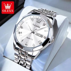 OLEVS Men's Rhombus Mirror Quartz Watch - Waterproof, Luminous Stainless Steel Wristwatch with Date and Week Display - No (Men Silver White)