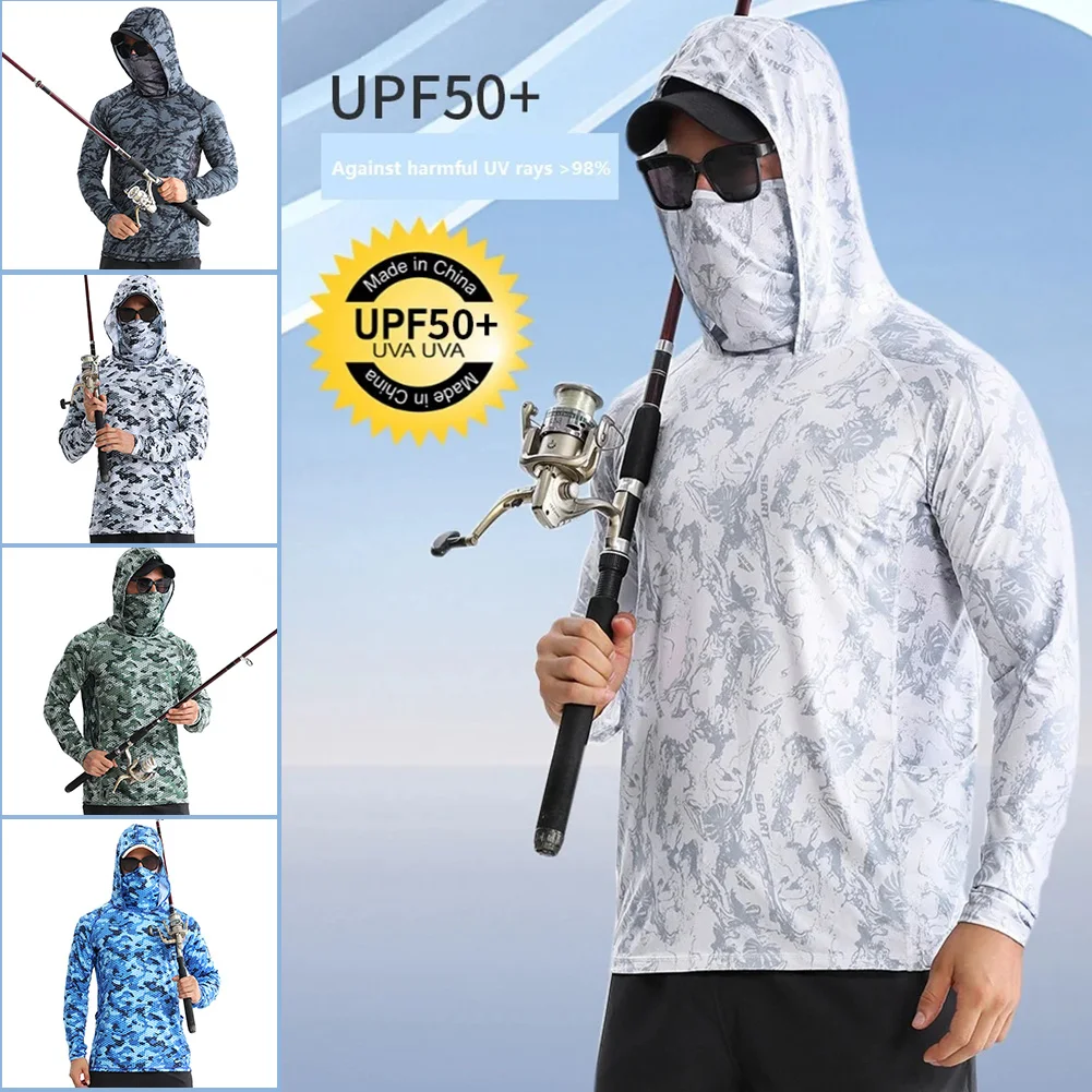 Camicia da pesca felpa con cappuccio con maschera per il viso uomo estate manica lunga asciugatura rapida traspirante con cappuccio abbigliamento pesce felpa anti-uv Angling