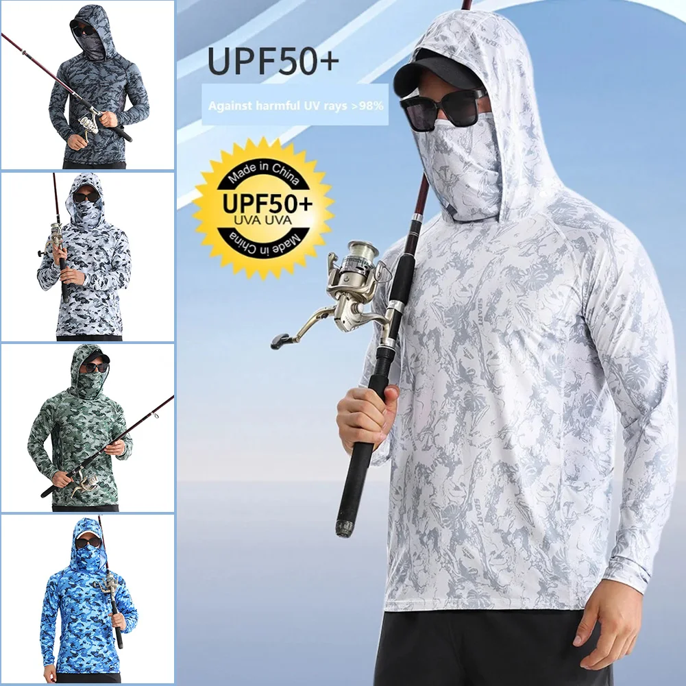 Fishing Shirt Hoodie With Face Mask Men Summer Long Sleeve Quick Dry  Breathable Hooded Fish Clothing Anti-uv Angling Sweatshirt