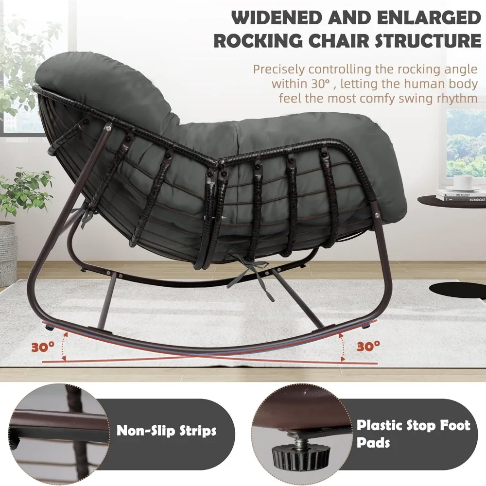 Rocking Chair Indoor & Outdoor,All Weather Wicker Patio Chair with Cushion & Pillow, Oversized Papasan Egg Chair 6