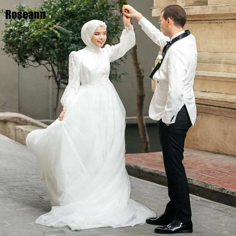 Muslim 2024 Ivory A-line Wedding Dresses Applique Flowers Draped Pleat Brush Train Satin Bride Gown Floor Length robe de mariée 5