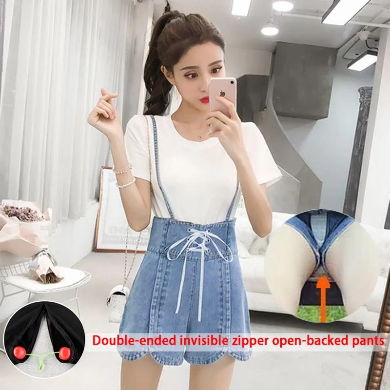 Suspender Pants Open Crotch Pants Women's Convenient Skirt Pants Korean Women's Cowboy SHORTS No Need Take Off Outdoor Sex Pants