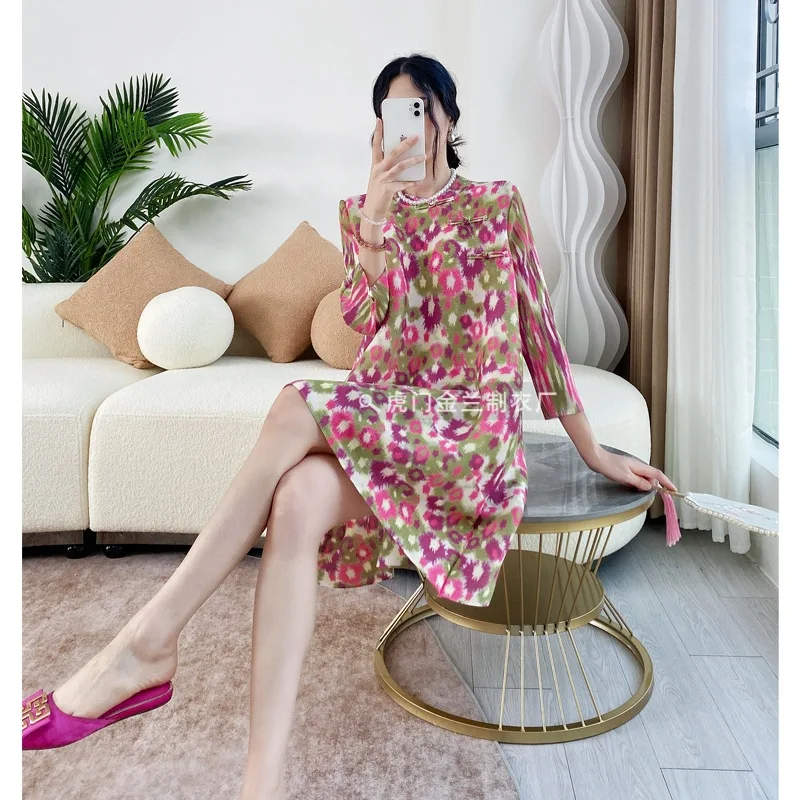 

Miyake Pleated Gentle Dress Cheongsam Plate Button Loose Lady French Temperament Ageing High-end Spring Dresses Women Clothing