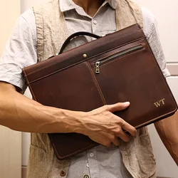 Custom Letters Crazy Horse Leather Briefcase Top-Handle Bags 13.3