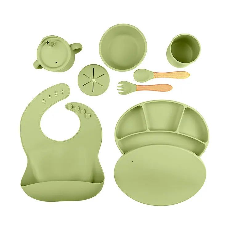 

Baby Suction Plates Bowl Bibs Spoon Fork Snack Cup Water Cups Dinning Mat BPA Free Silicone Baby Feeding Set