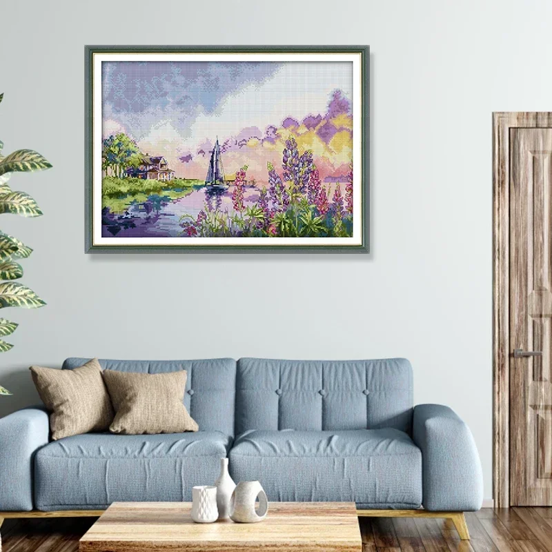 Joy Sunday Kreuzstich-Set Riverside HD-Muster DIY Handstickerei-Set Aida 16/14CT gezählte bedruckte Stoff-Leinwand-Nähsets