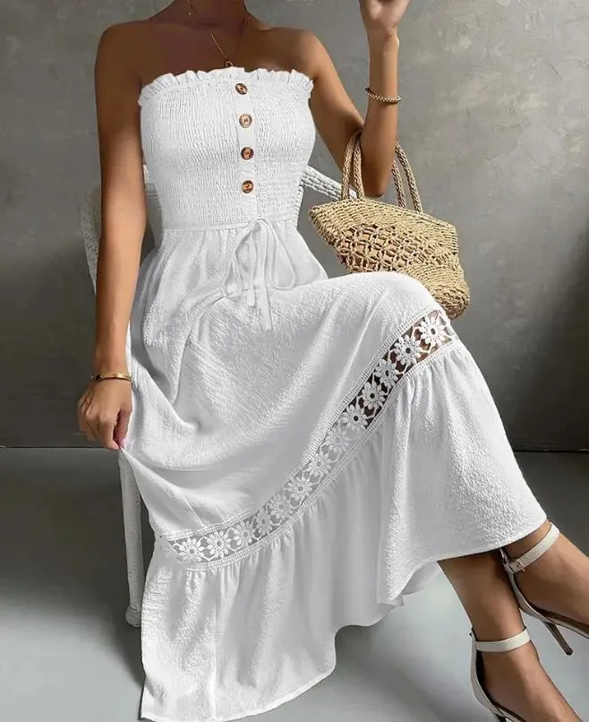 

Vintage Dress for Women Summer 2024 Sweet Lace Patchwork Strapless Dresses Backless Sleeveless Long Skirt for Female Streetwear