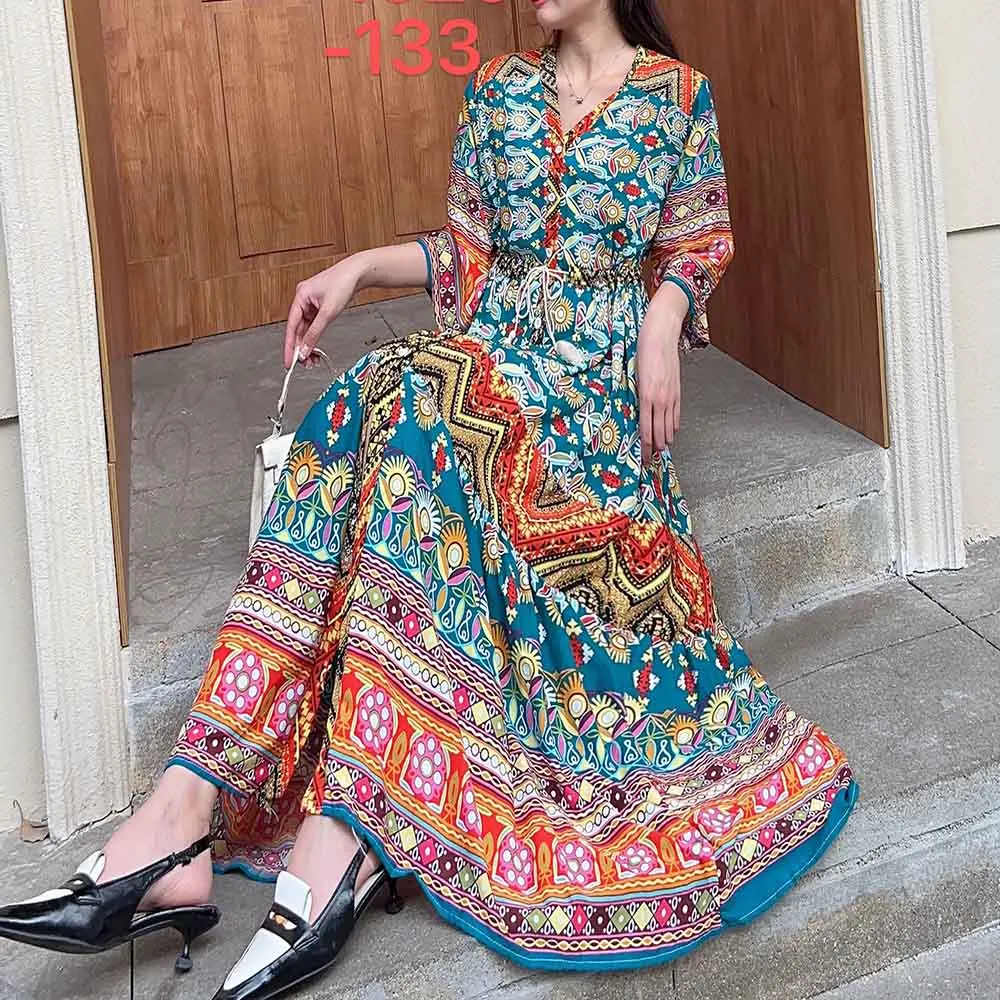 GURU-SHOP Abito Estivo Boho Ricamato Lungo Maxi - Stile Hippie Indiano - Rosso - Viscosa - Taglia Unica 40-44 - Con Lacci Regolabili