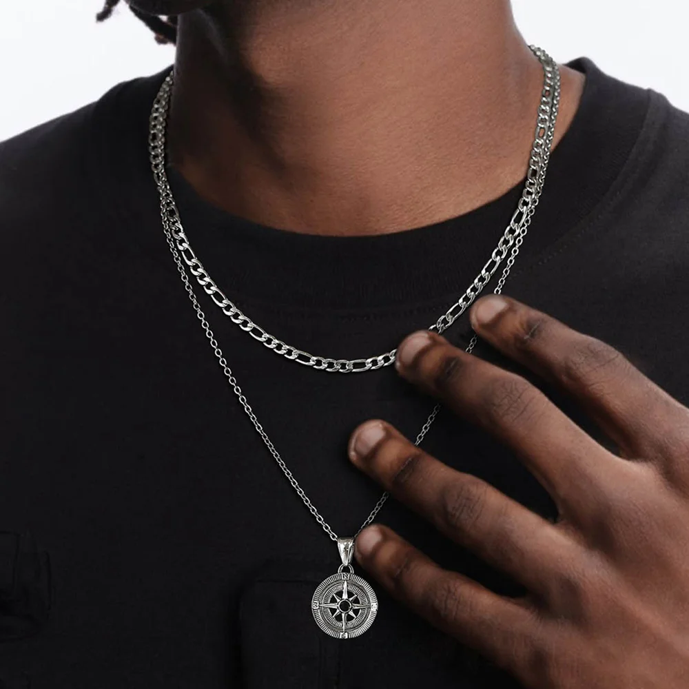 Vnox coole Mode Kompass Anhänger Halsketten für Männer, Edelstahl zweilagig kubanisch/Seil/Figaro Kette Kragen Schmuck Geschenk