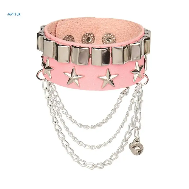 Pink Leather Bracelet with Star Rivets