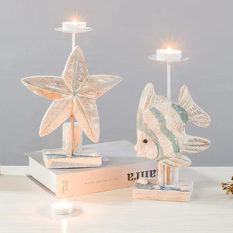 

Mediterranean Candlestick Decorative Ornaments Home Decor Wooden Candle Stand Starfish Display Desktop Furnishings