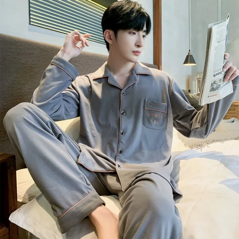 2024 New Fashion Casual Men's Pajamas Set Youth Handsome Long-sleeved 100% Pure Cotton Loungewear Suit Spring Autumn Sleepwear 2024 new 100% pure cotton pajamas set ladies spring autumn loungewear long sleeved home clothes girls plus size sleepwear suit