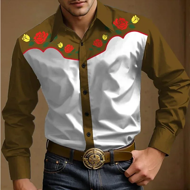 Men's Denim Print Western Shirt button-up Shirt Outdoor Festival Men's top Soft and comfortable vintage lapel shirt