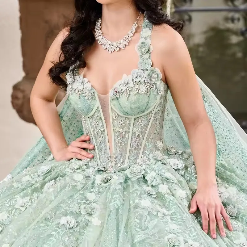 ANGELSBRIDEP Glittering Sage Green Quinceanera Dresses Detachable Cape Flower Lace Vestidos De 15 A&ntilde;os Birthday Party Prom