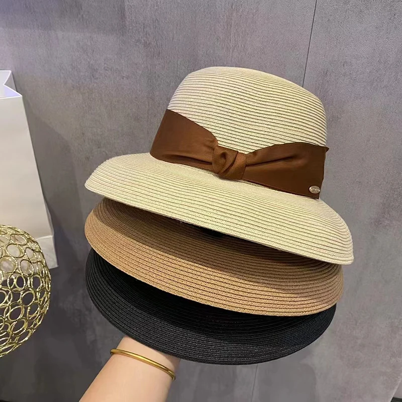

Retro Luxury Hepburn Straw Hat Bow Female Summer Seaside Big Brim Sun Protection Shade Travel Vacation Leisure Panama Beach Hat