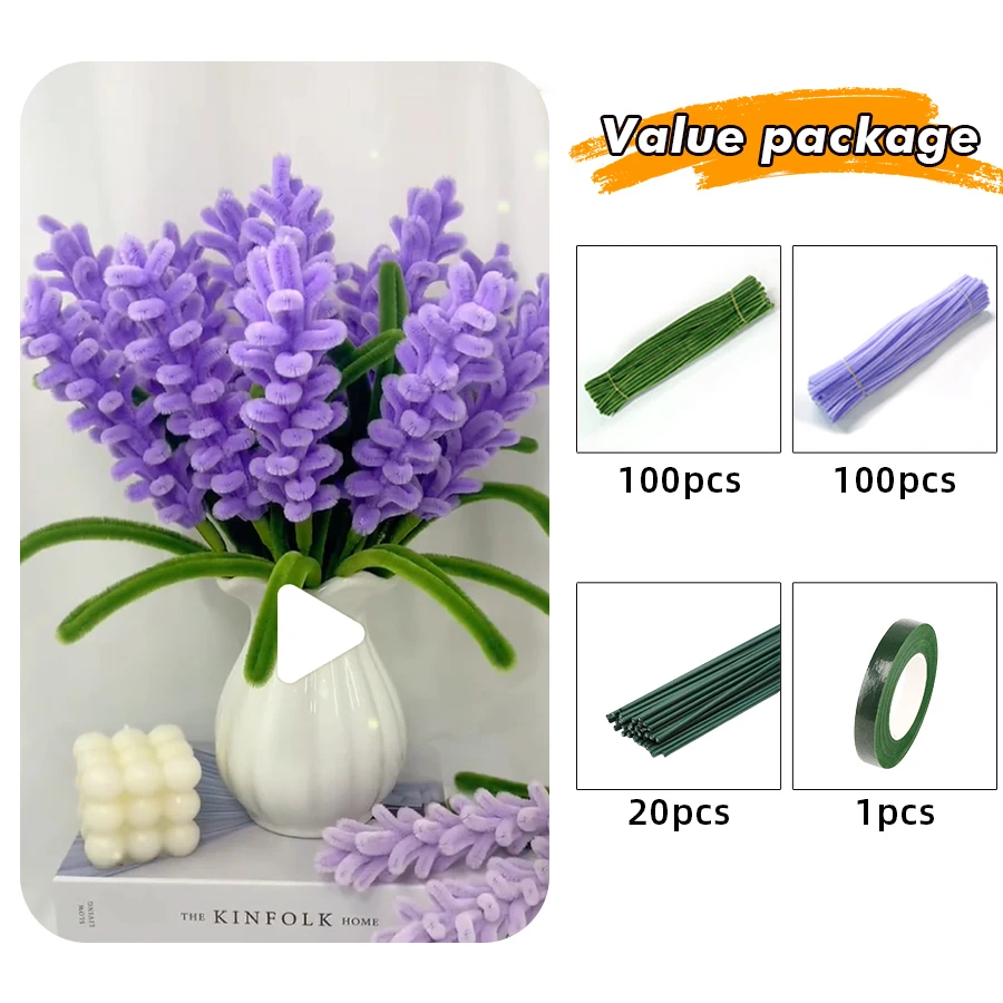 Chenille Pipe Cleaners Craft Supplies Chenille Craft Supplies 200 Pcs Pipe Cleaners Chenille Stem Flowers Pipe Cleaner Craft Colored Cleaner For Creative Handmade DIY Lavender Bouquet