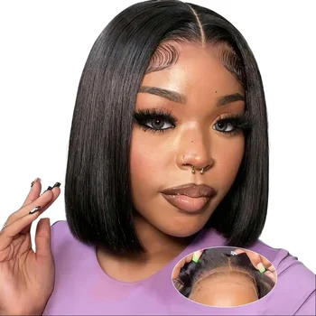 Parrucche Bob in Capelli Veri Grezzi 13x4/5x5 HD Lace Wig, Capelli Umani Lisci Effetto Osseo, Super Double Drawn, Densità 250%, Nodi Sbiancati