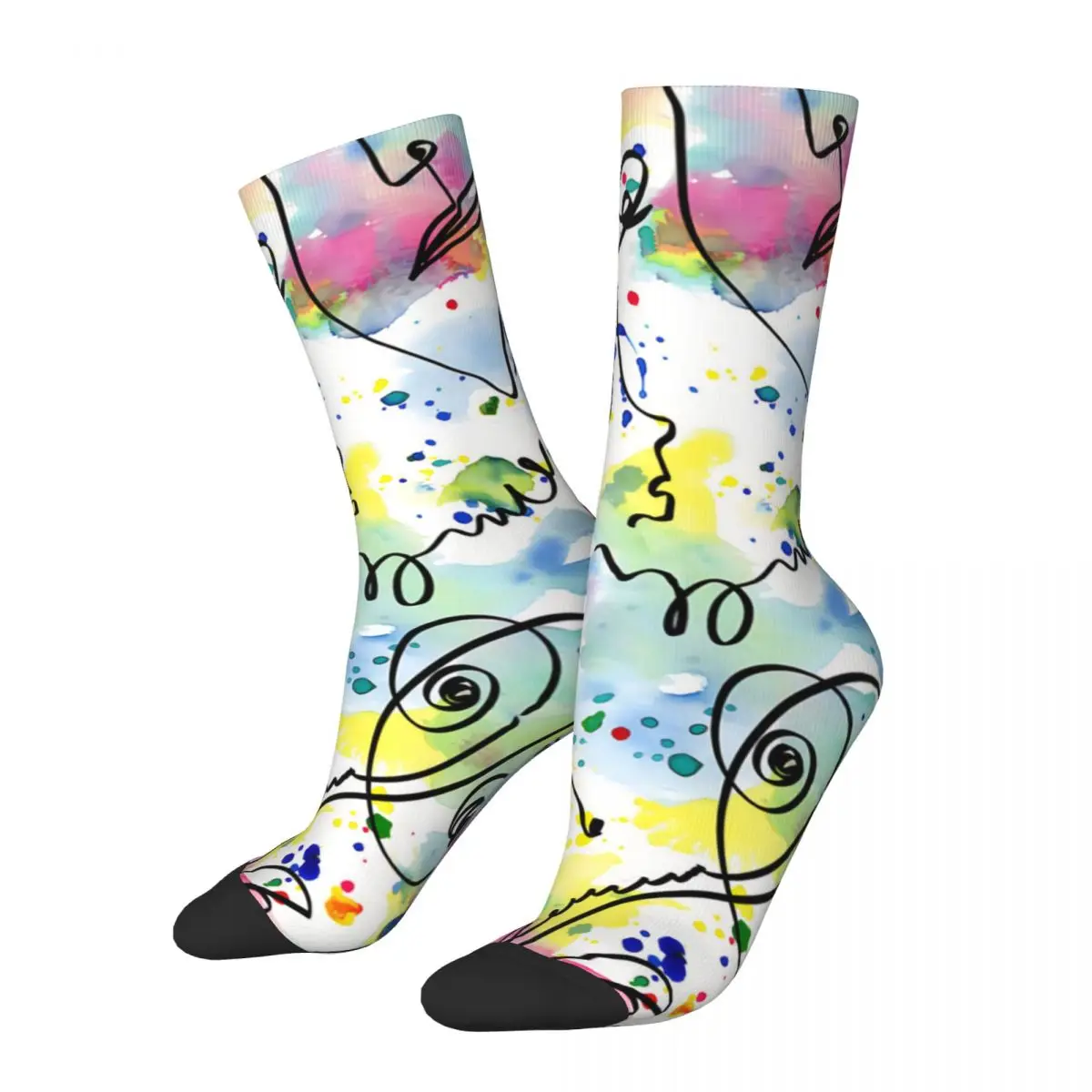 

Men's Socks Line Faces With Watercolor Splashes Ink Retro Graffiti Art Pattern Hip Hop Crazy Crew Sock Gift Pattern Printed