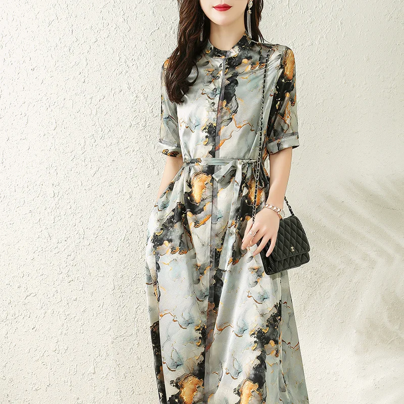 

Silk Dress Women Summer 2021New High-end Mulberry Silk Outfits for Women Elegant Ink Painting Midi Dress Short-sleeved Vestido F