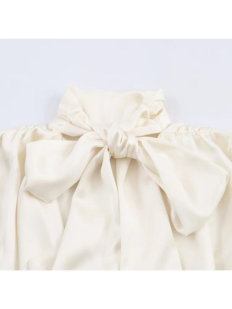 Autumn New Women's Solid Color Blouse Sexy Open Back Bow Collar Satin Shirt Casual Comfortable Long Sleeved Elegant Ladies Top
