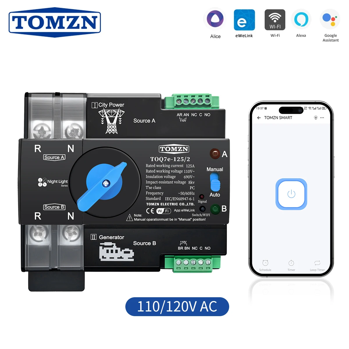 TOMZN TOQ7e-125 2 110V 110V 120V WIFI smart ATS Dual Power Automatic TransferSelector Switch Uninterrupted 2P 63A 100A 125A eWeLink Din Rail