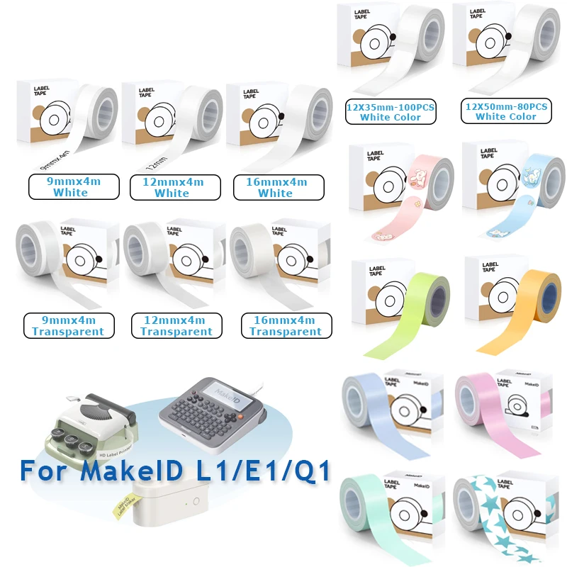 1Roll Multicolor 9mm 12mm 16mm for MakeID L1 E1 Q1 Label Maker Tape 12x35mm 12x50mm Laminated Office Sticker